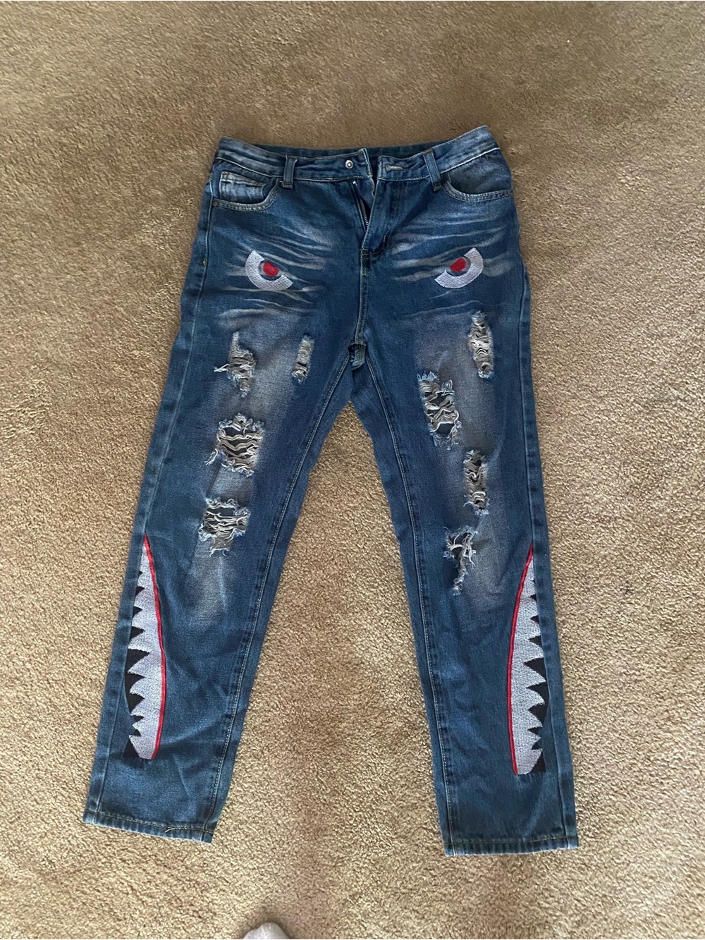 Bape Blue Distressed Shark-Eye Kids Jeans with Red Accents